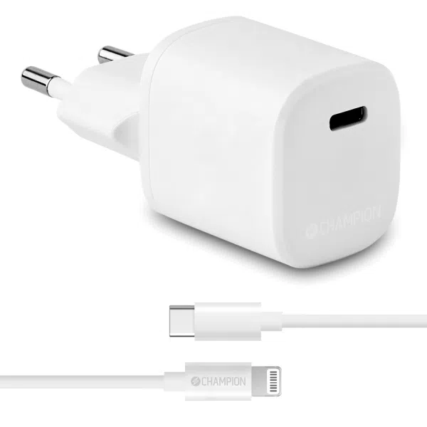 CHAMPION Laddare 20W + USB-C till Lightning Kabel Vit